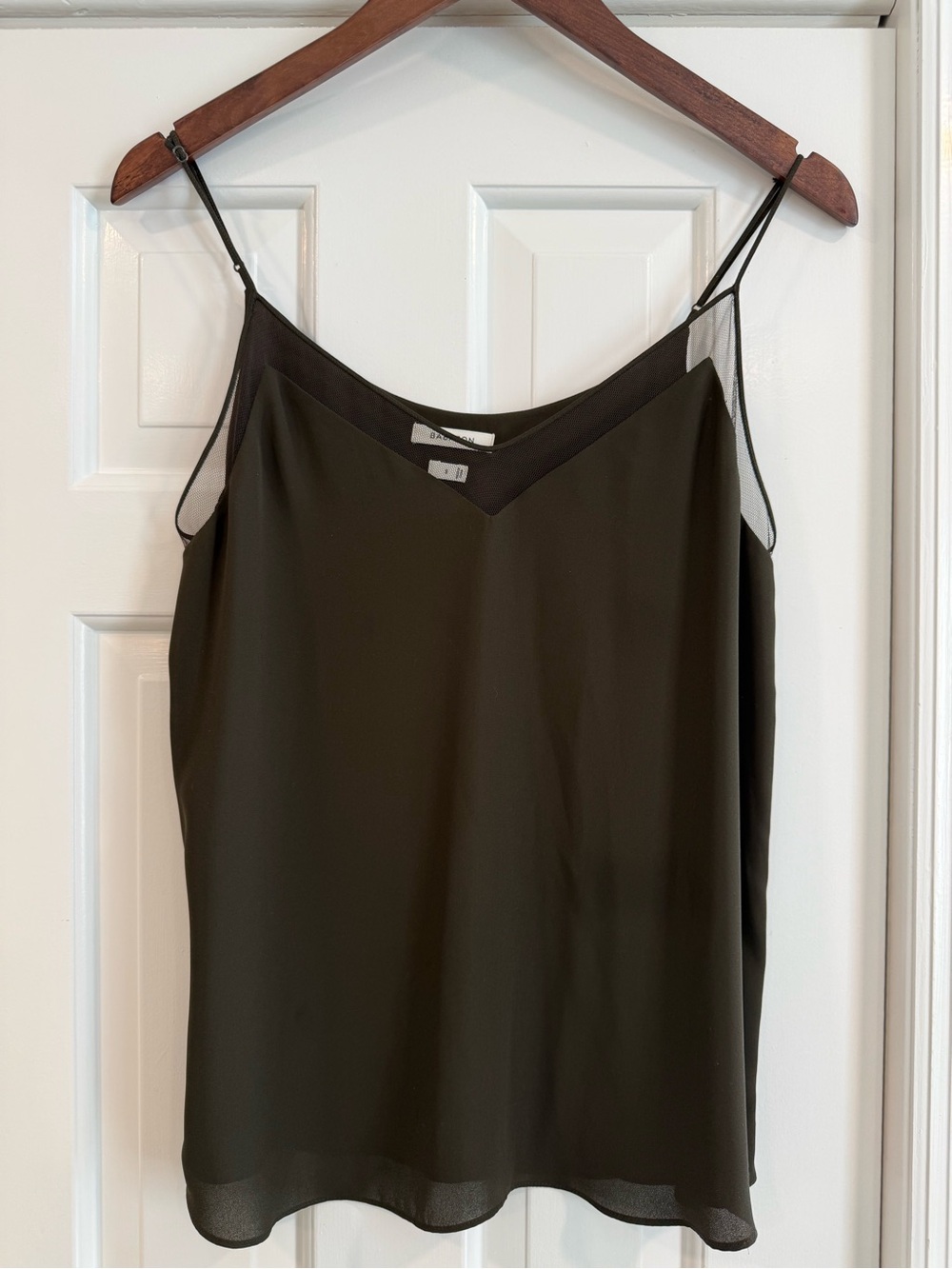 Aritzia Babaton Olive Green V-Neck Mesh-Trim Spaghetti Strap Cami